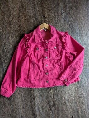 Women's Pink Ruffle Denim Jacket With Cutoff Hem, 18-20 W